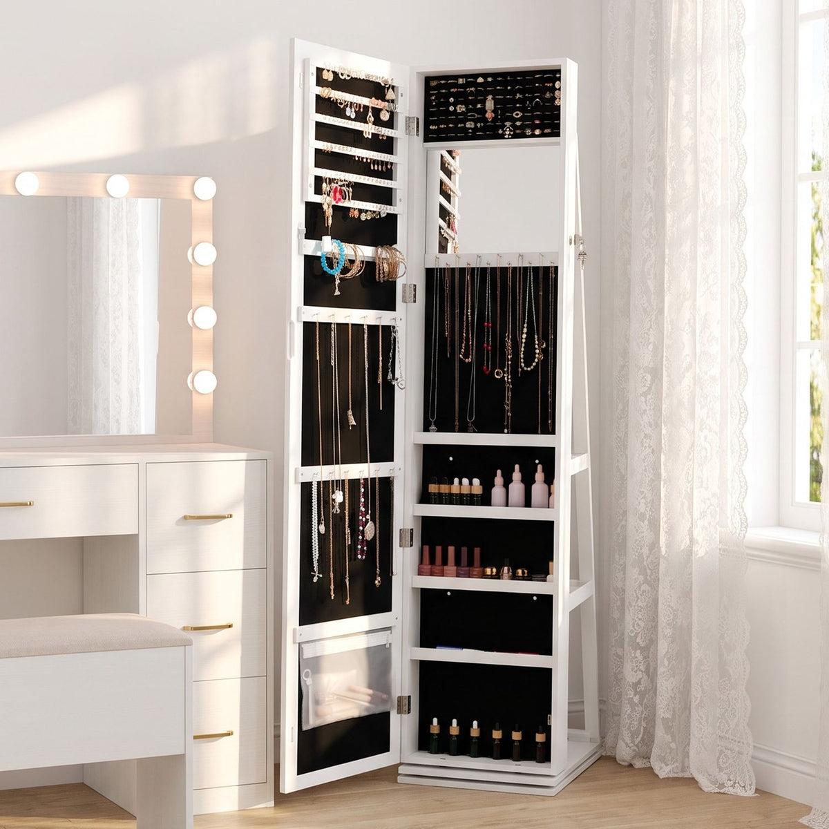 360Â° Swivel Jewelry Cabinet with Full-Length Mirror for Bedroom-White