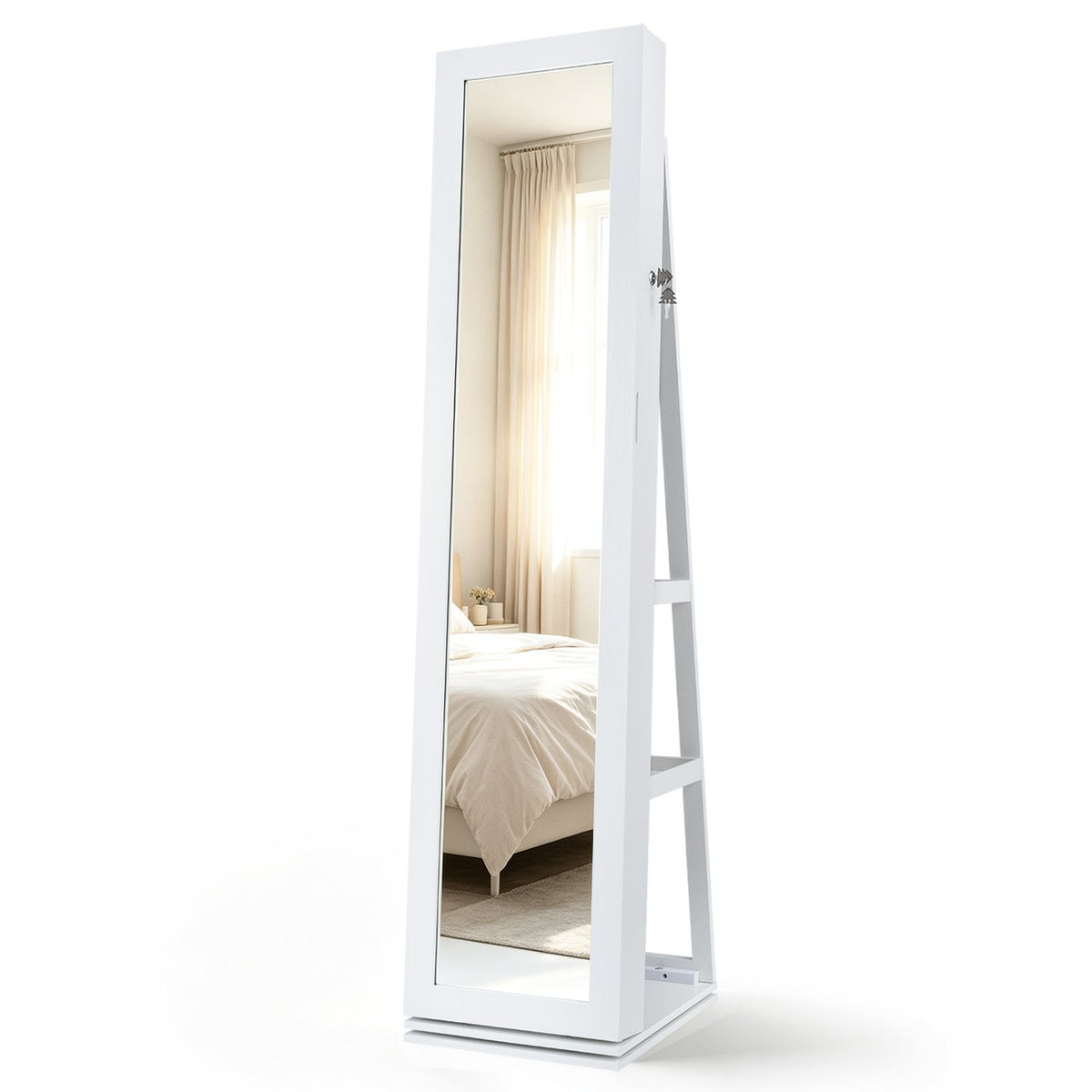 360Â° Swivel Jewelry Cabinet with Full-Length Mirror for Bedroom-White