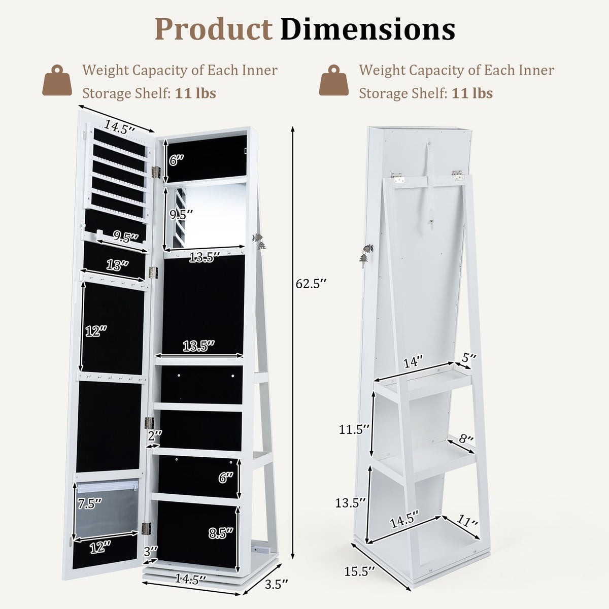 360Â° Swivel Jewelry Cabinet with Full-Length Mirror for Bedroom-White