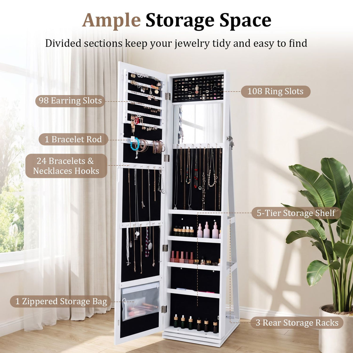 360Â° Swivel Jewelry Cabinet with Full-Length Mirror for Bedroom-White