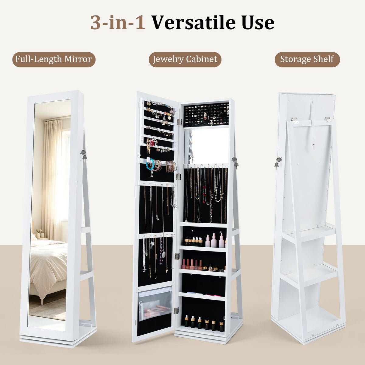 360Â° Swivel Jewelry Cabinet with Full-Length Mirror for Bedroom-White