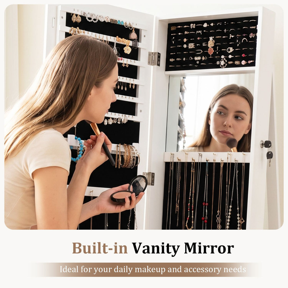 360Â° Swivel Jewelry Cabinet with Full-Length Mirror for Bedroom-White