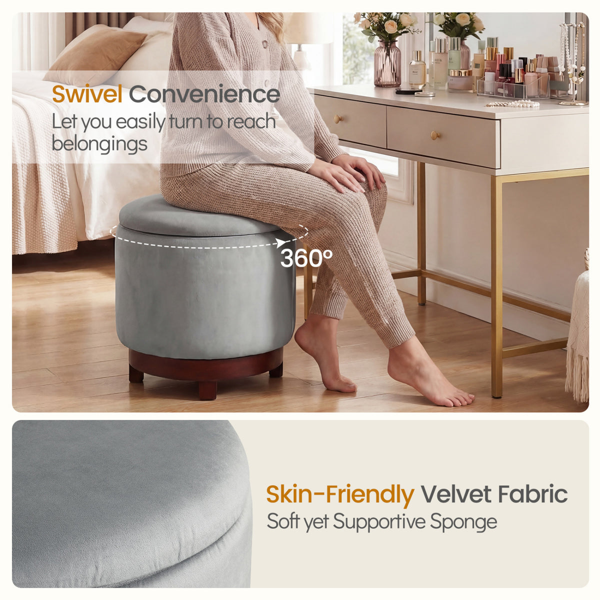 360Â° Swivel Velvet Foot Rest with Hidden Storage for Living Room