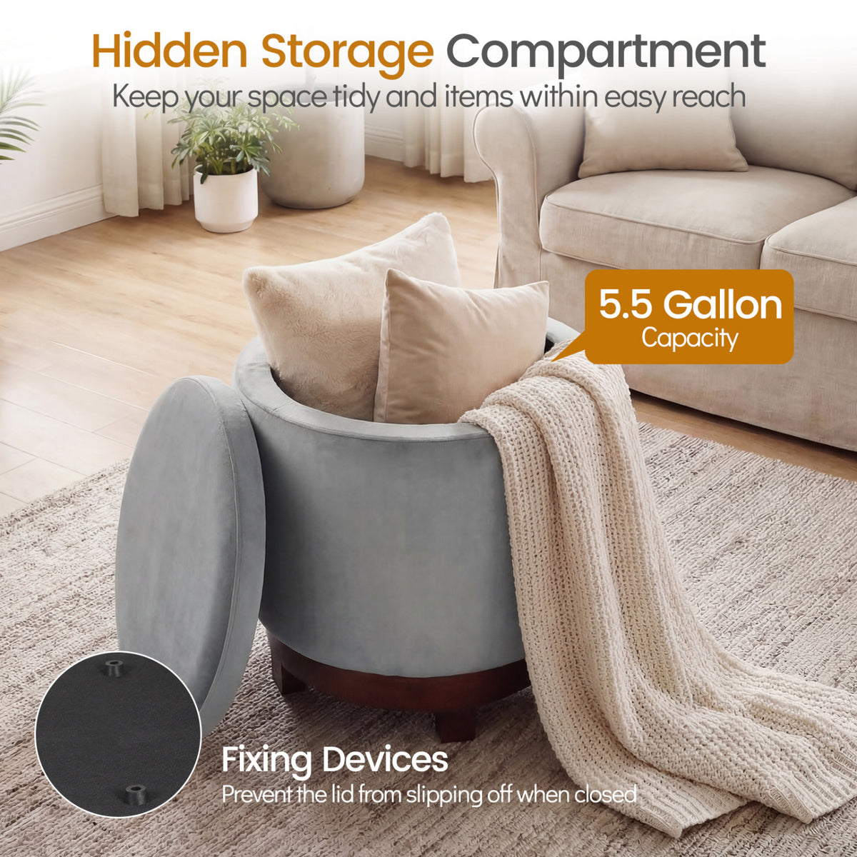 360Â° Swivel Velvet Foot Rest with Hidden Storage for Living Room