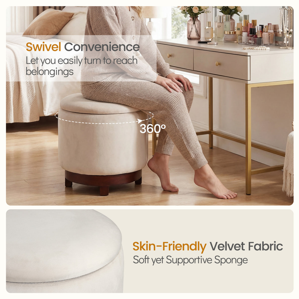 360Â° Swivel Velvet Foot Rest with Hidden Storage for Living Room