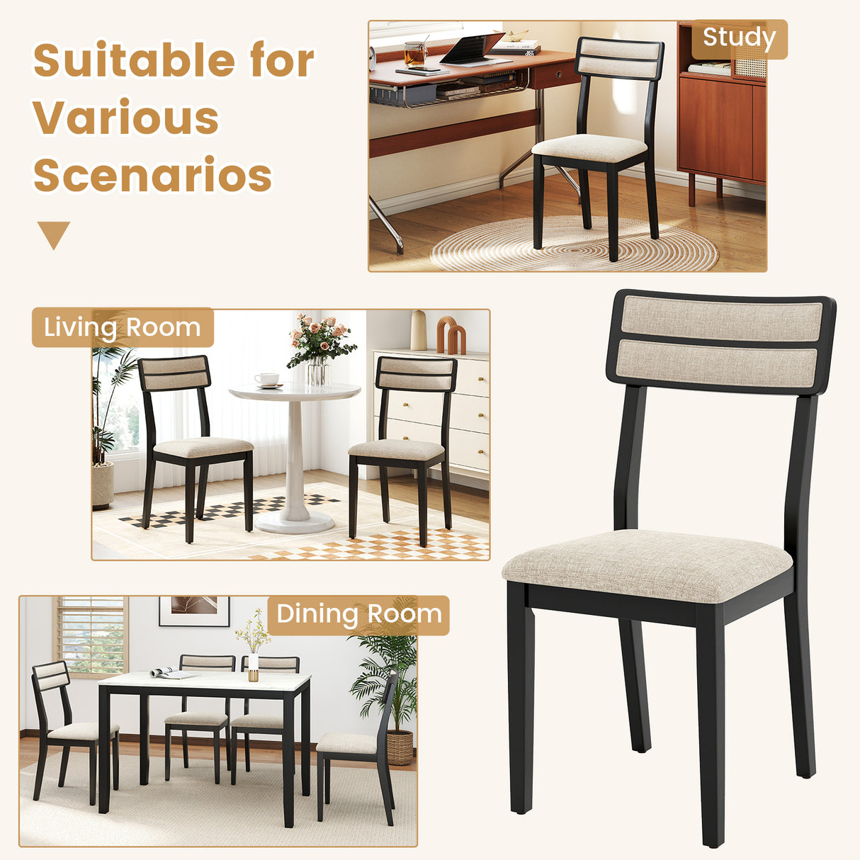 Modern Dining Chairs Set of 2 with Tilt Backrest for Dining Room-Black