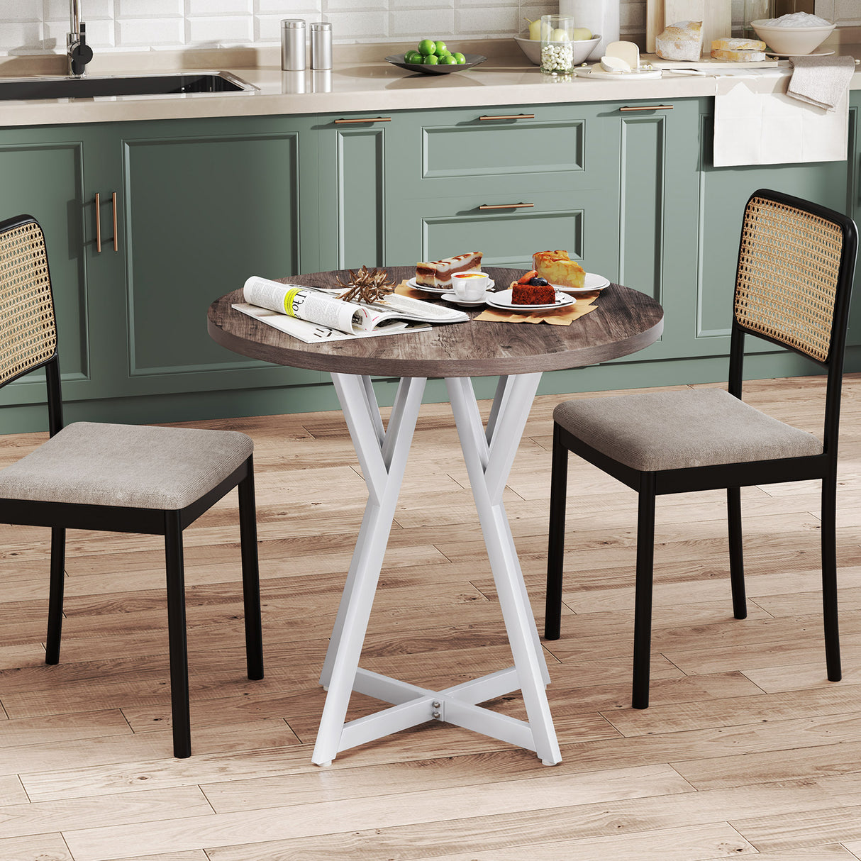 36 Inch Round Dining Table with Metal Pedestal Base-Natural