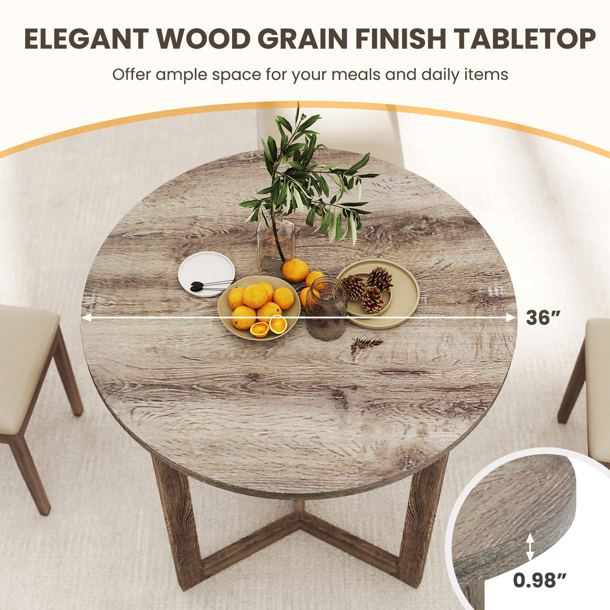 36 Inch Round Wood Dining Table for 2-4 People with Wing-shaped Pedestal Base