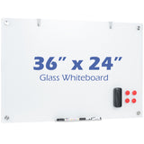 36 x 24 Inches Glass Whiteboard with Eraser and Removable Tray