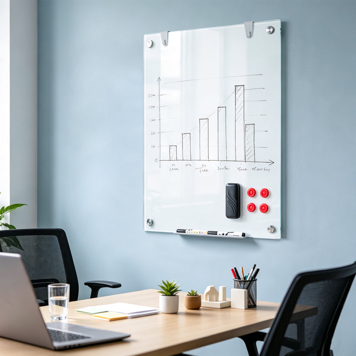 36 x 24 Inches Glass Whiteboard with Eraser and Removable Tray