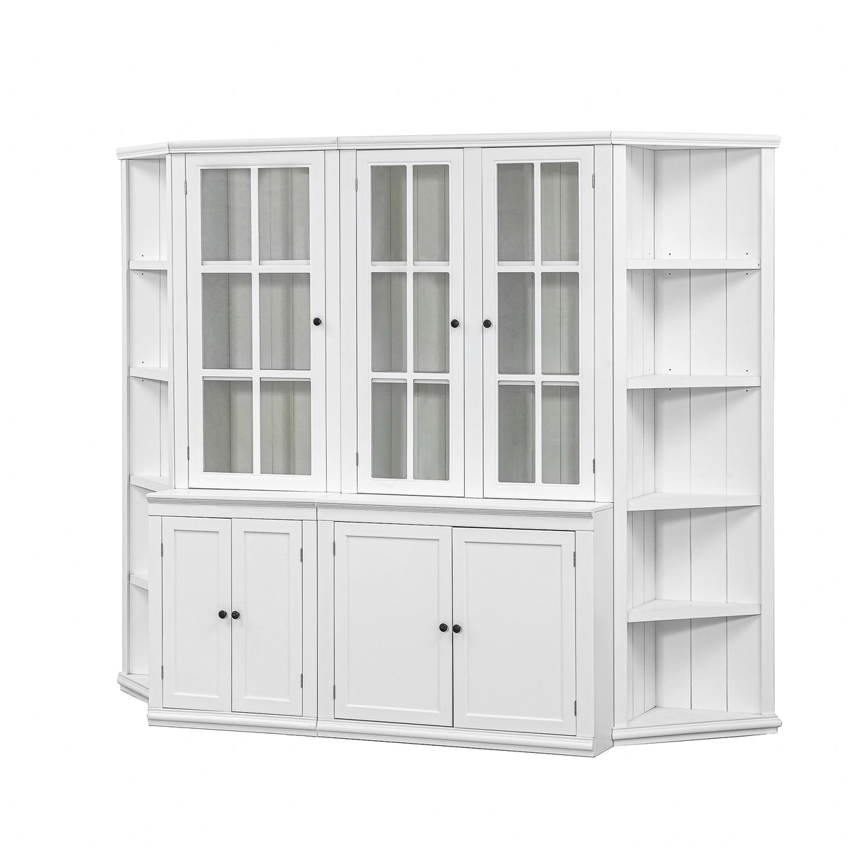Retro Style Wall Suit with Glass Doors, 75.25'' Tall Display Cabinets & Triangle Sided Bookshelves, White