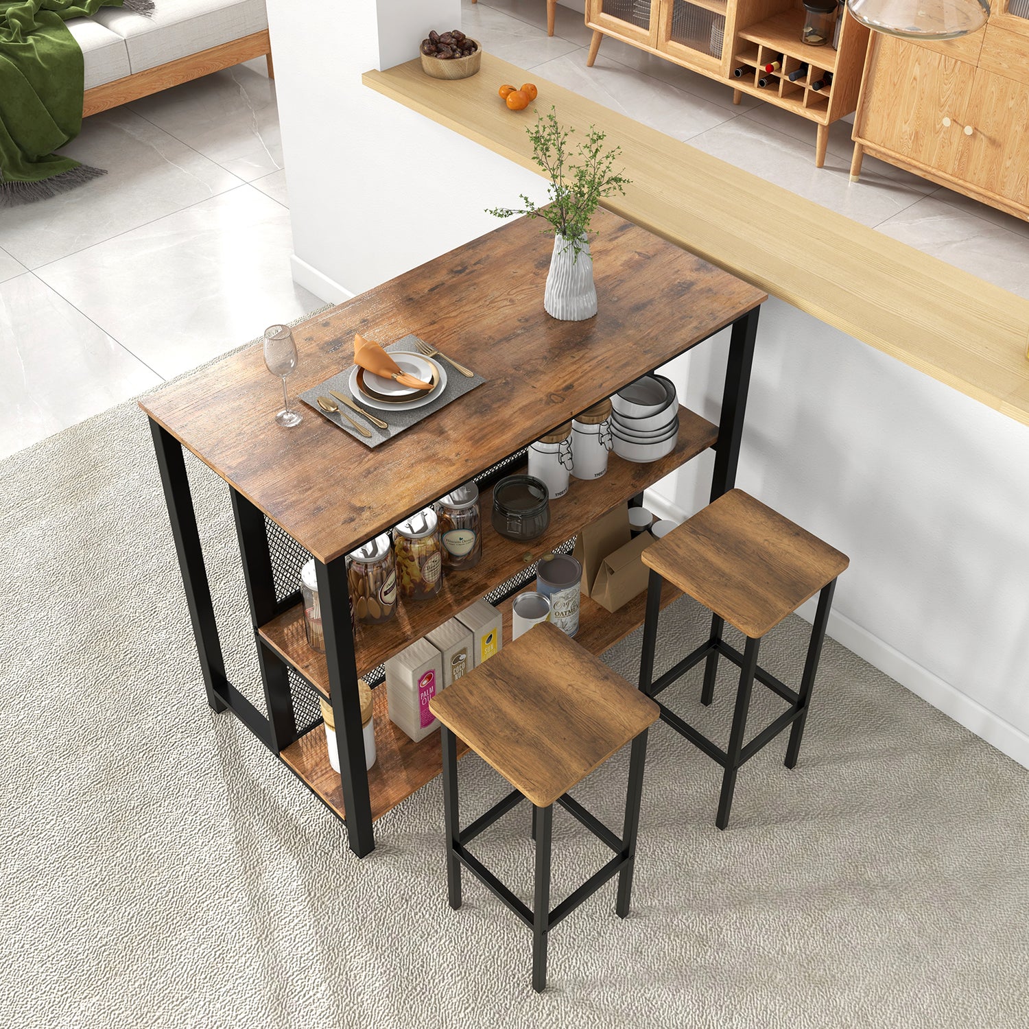 36 Inch 3-Tier Bar Table with Storage Metal Frame Adjustable Foot Pads for Dining Room