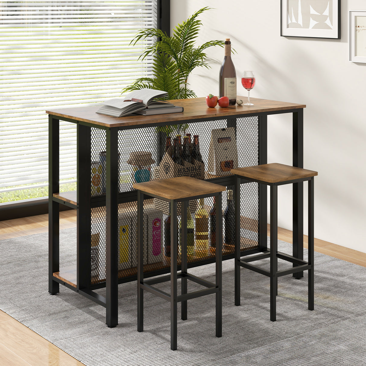 36 Inch 3-Tier Bar Table with Storage Metal Frame Adjustable Foot Pads for Dining Room