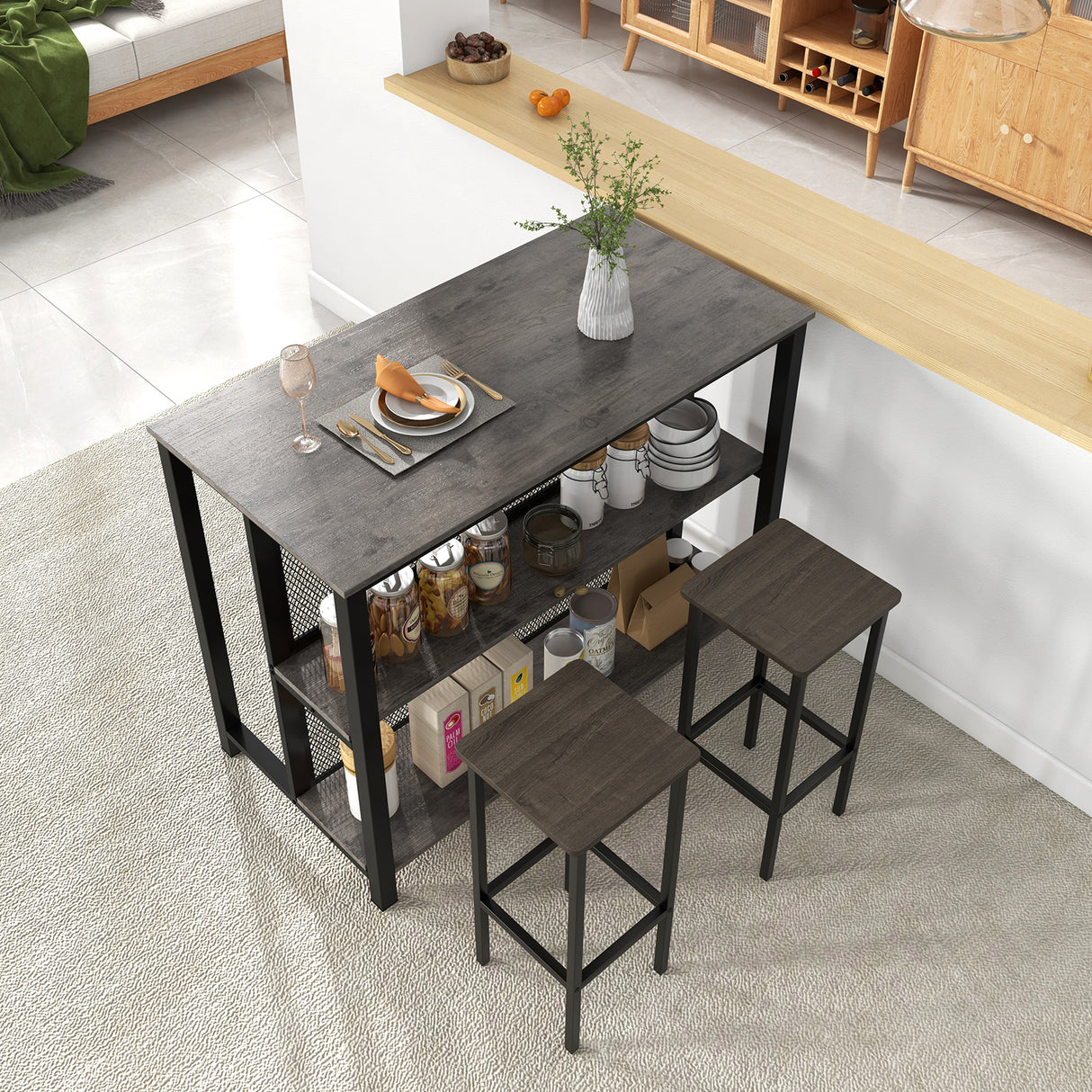 36 Inch 3-Tier Bar Table with Storage Metal Frame Adjustable Foot Pads for Dining Room