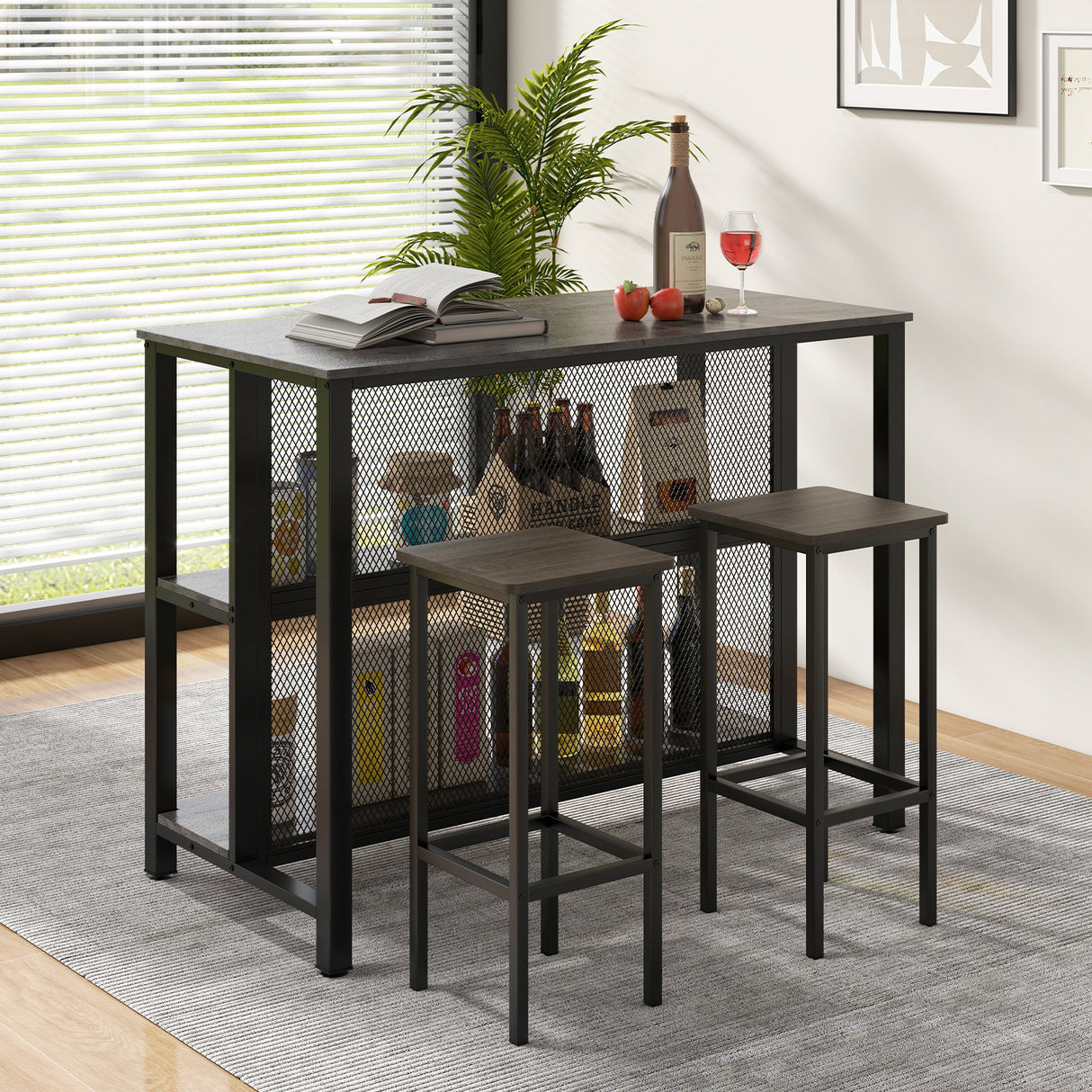 36 Inch 3-Tier Bar Table with Storage Metal Frame Adjustable Foot Pads for Dining Room