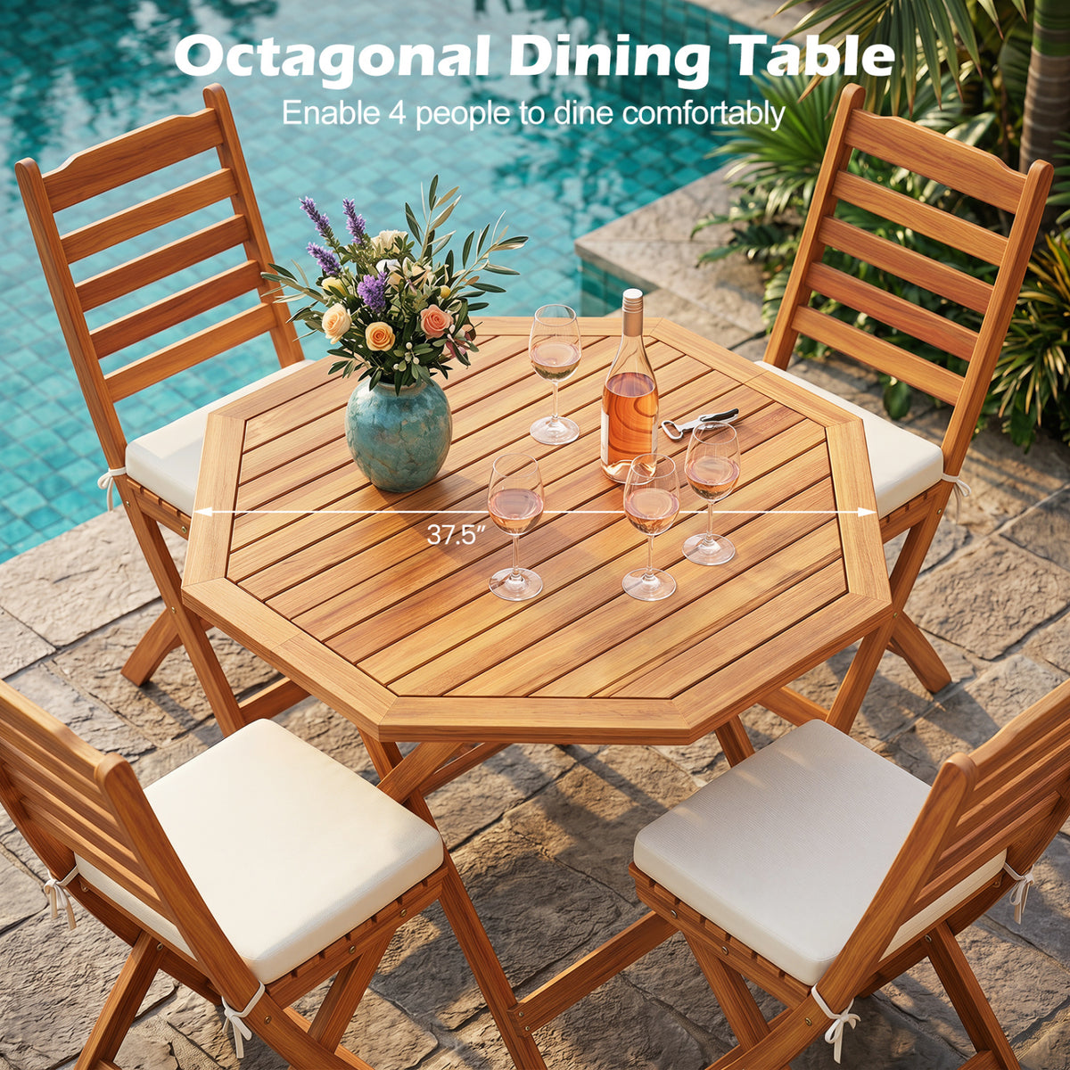 Acacia Wood Outdoor Folding Dining Table for 4 Octagonal with Slatted Tabletop