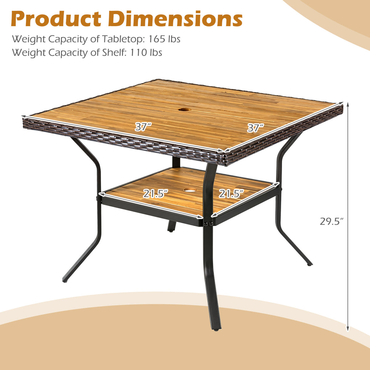 37" Square Outdoor Dining Table for 4 with Acacia Wood Tabletop and 2" Umbrella Hole-Brown