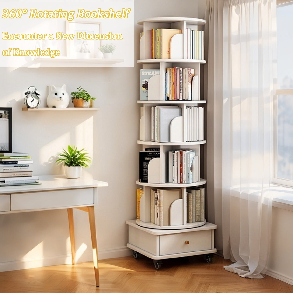 6 Tier Rotating Bookshelf with Wheels and Drawer, 360° Spinning Design, Space Saving Storage, for Home and Office, White MDF