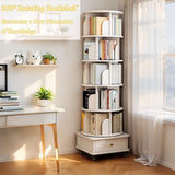 6 Tier Rotating Bookshelf with Wheels and Drawer, 360° Spinning Design, Space Saving Storage, for Home and Office, White MDF