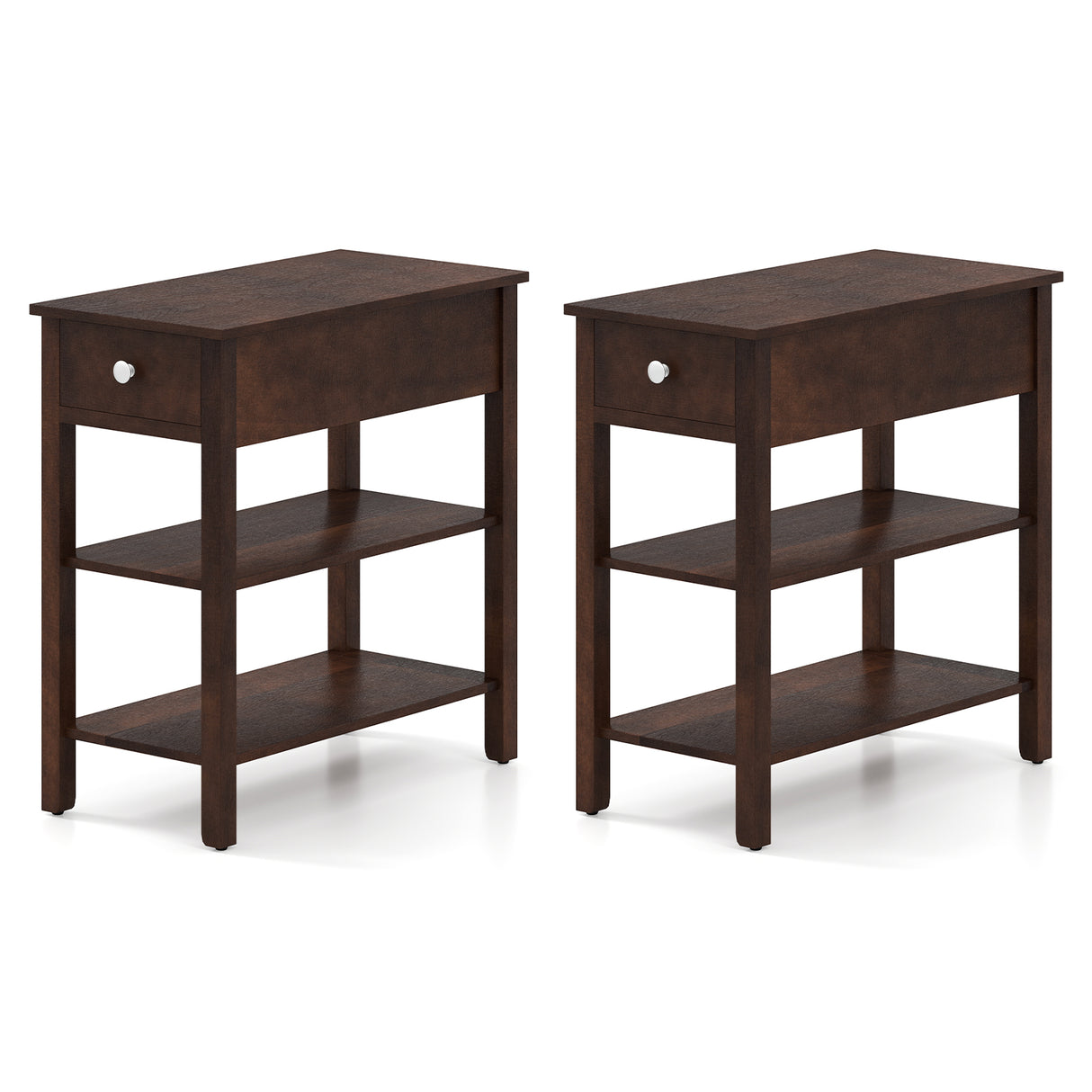 3-Tier Narrow End Table with Drawer and Storage Shelves Set of 2