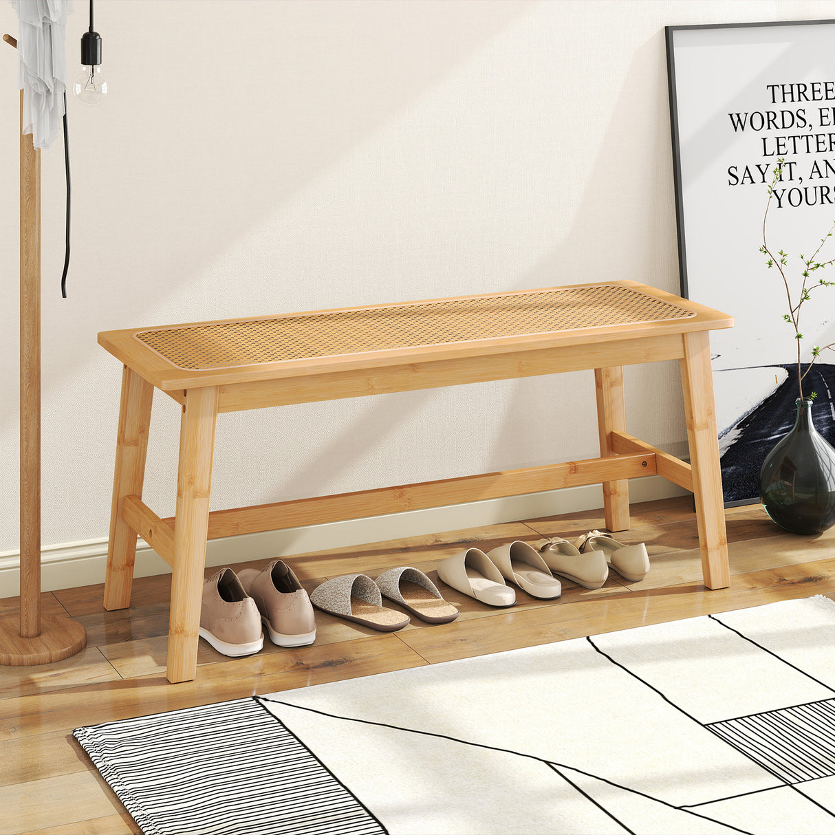 39.5 Inch Bamboo Dining Bench with Handwoven Rattan Seat for Indoor Outdoor-Natural