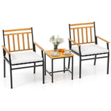 3 Pieces Outdoor Furniture Set Acacia Wood Patio Conversation Set with Cushions-White