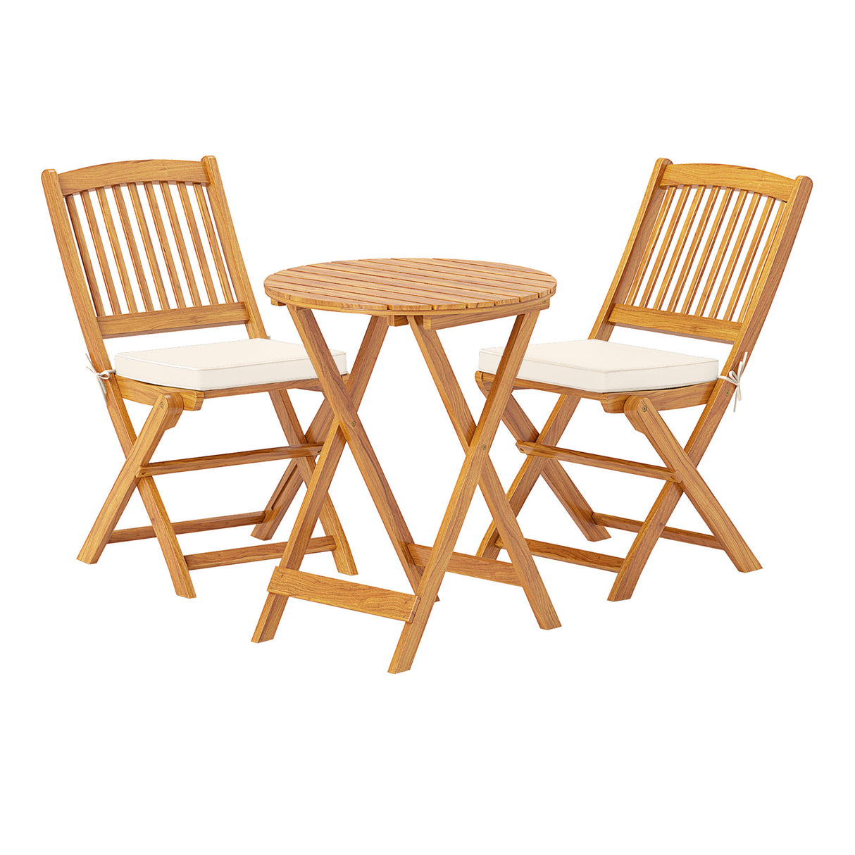 3 Pieces Acacia Wood Patio Folding Bistro Set with Soft Cushions