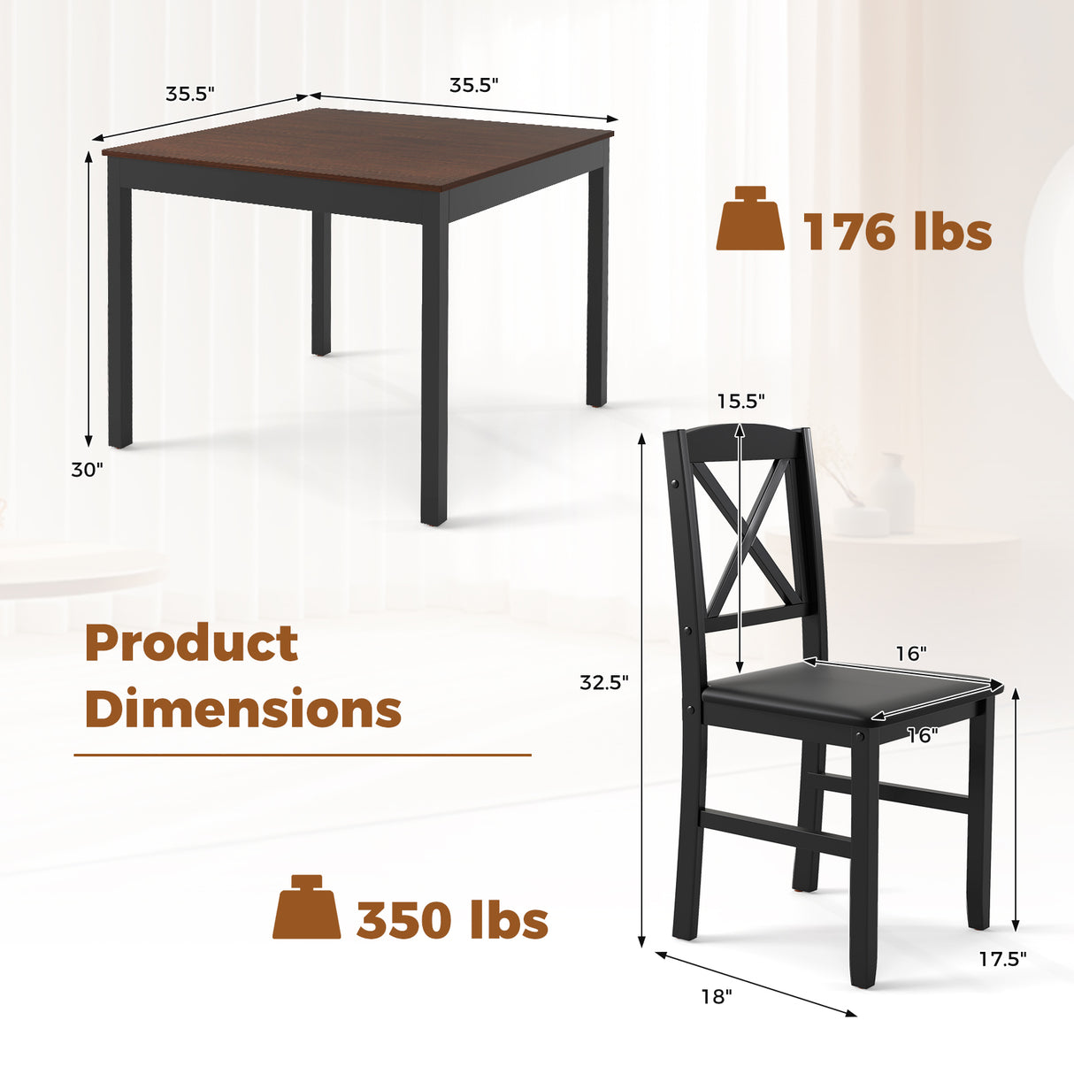 3-Piece Dining Table Set Wooden Square Kitchen Table for 2 People