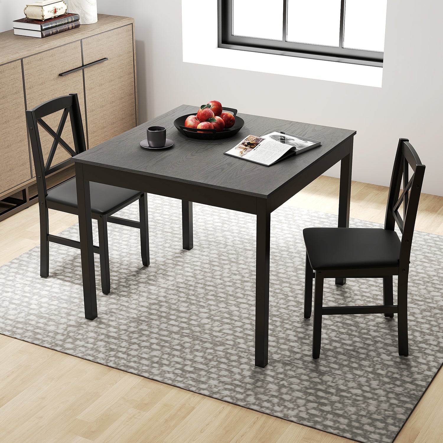 3-Piece Dining Table Set Wooden Square Kitchen Table for 2 People