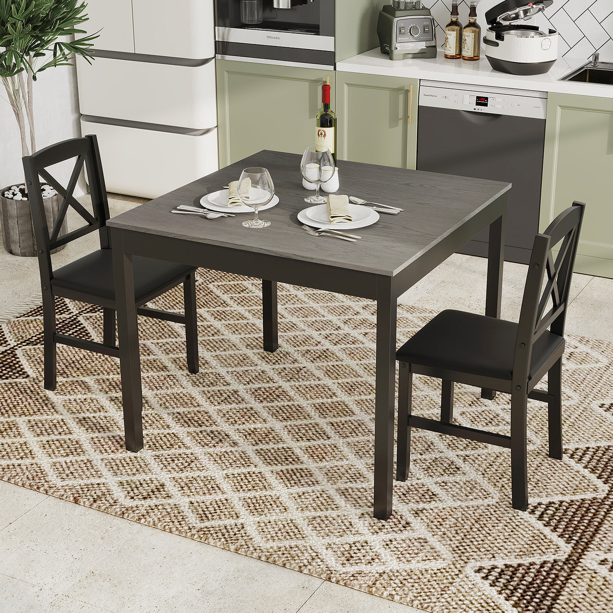 3-Piece Dining Table Set Wooden Square Kitchen Table for 2 People