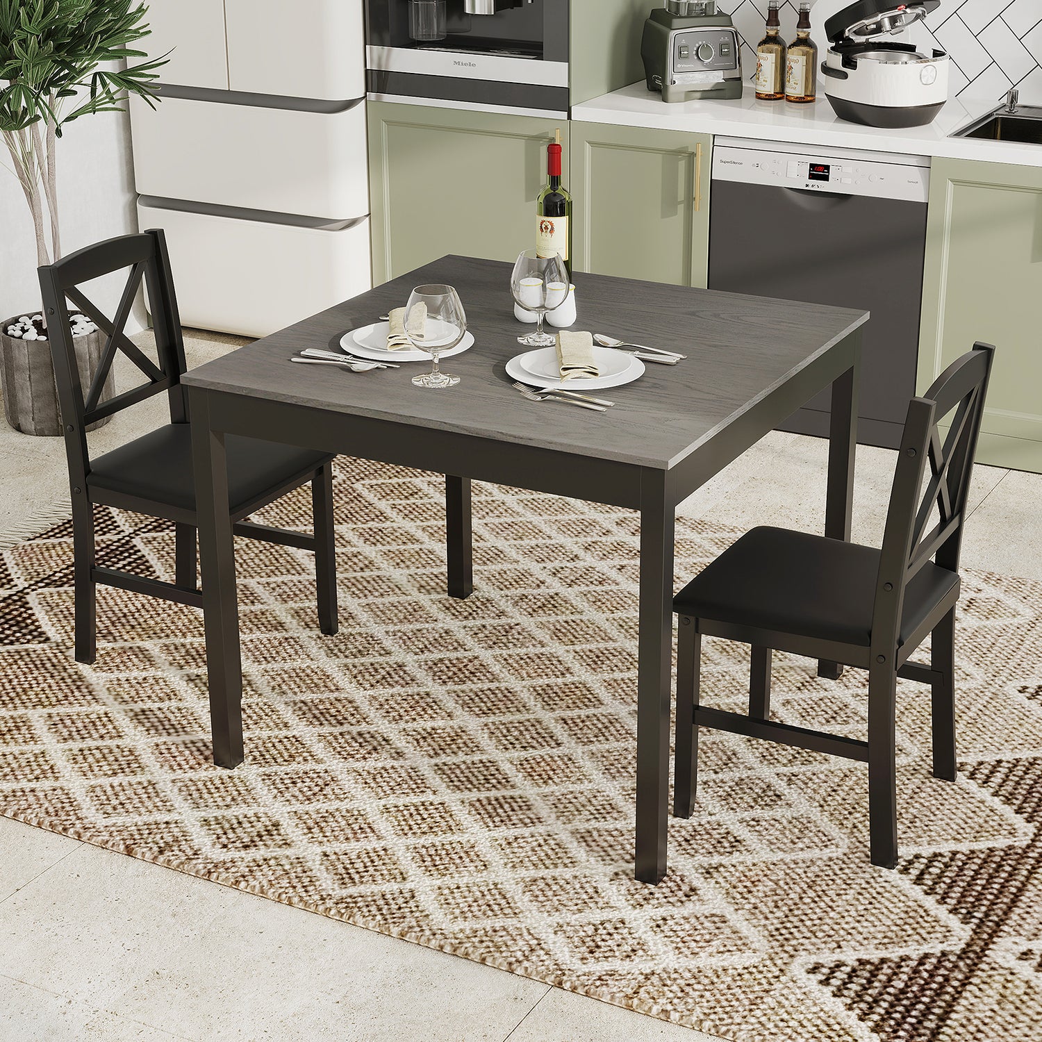 3-Piece Dining Table Set Wooden Square Kitchen Table for 2 People