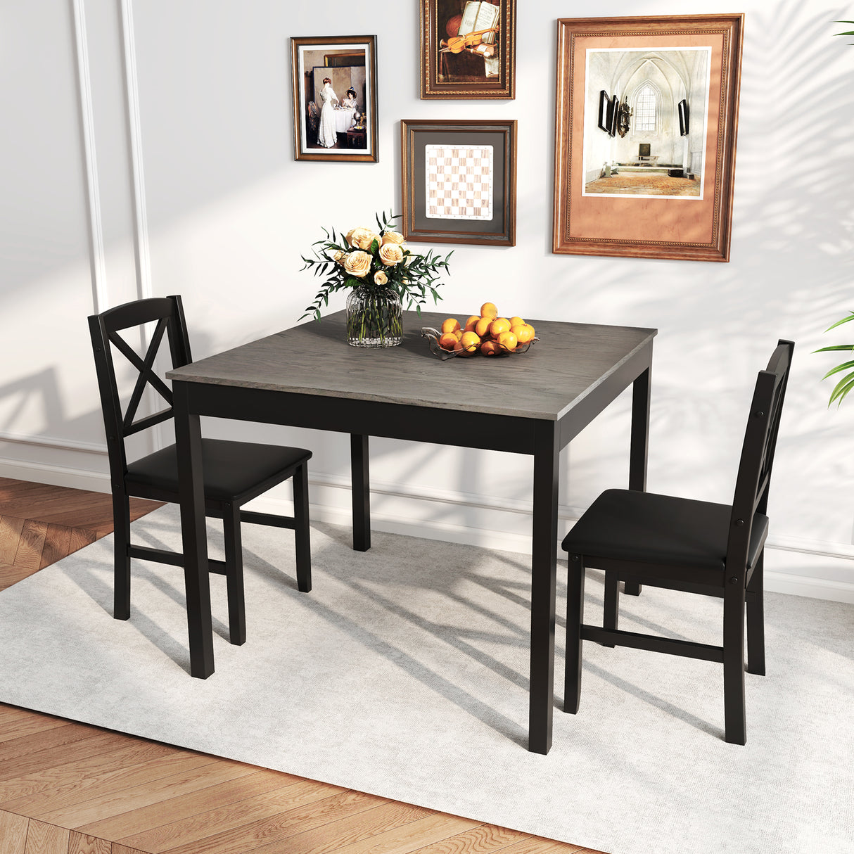 3-Piece Dining Table Set Wooden Square Kitchen Table for 2 People