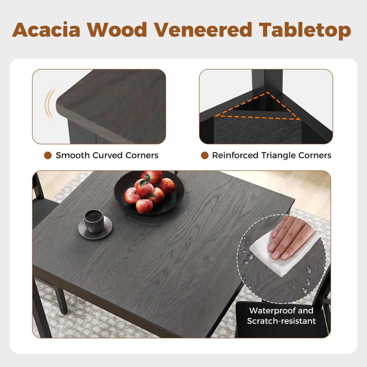 3-Piece Dining Table Set Wooden Square Kitchen Table for 2 People