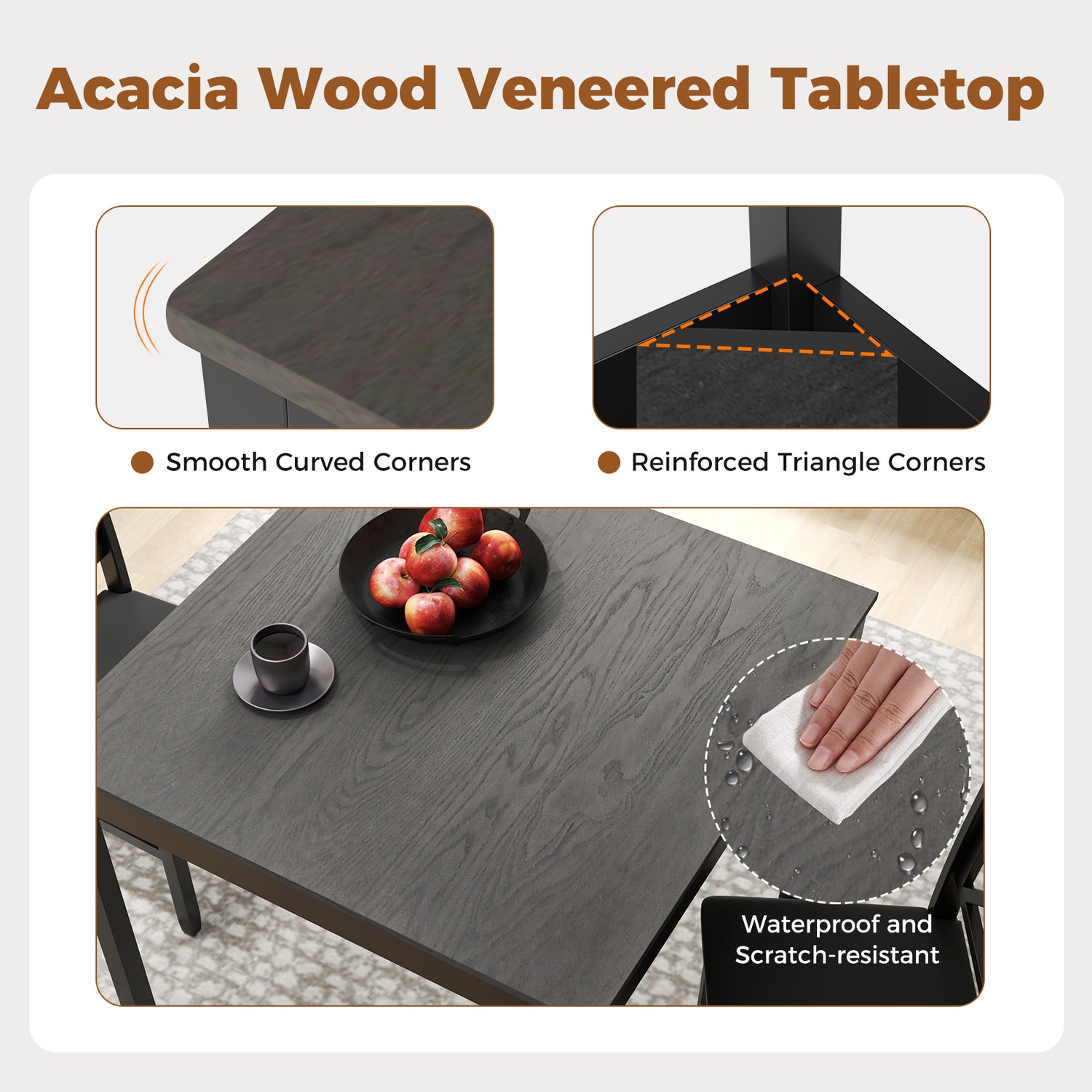 3-Piece Dining Table Set Wooden Square Kitchen Table for 2 People