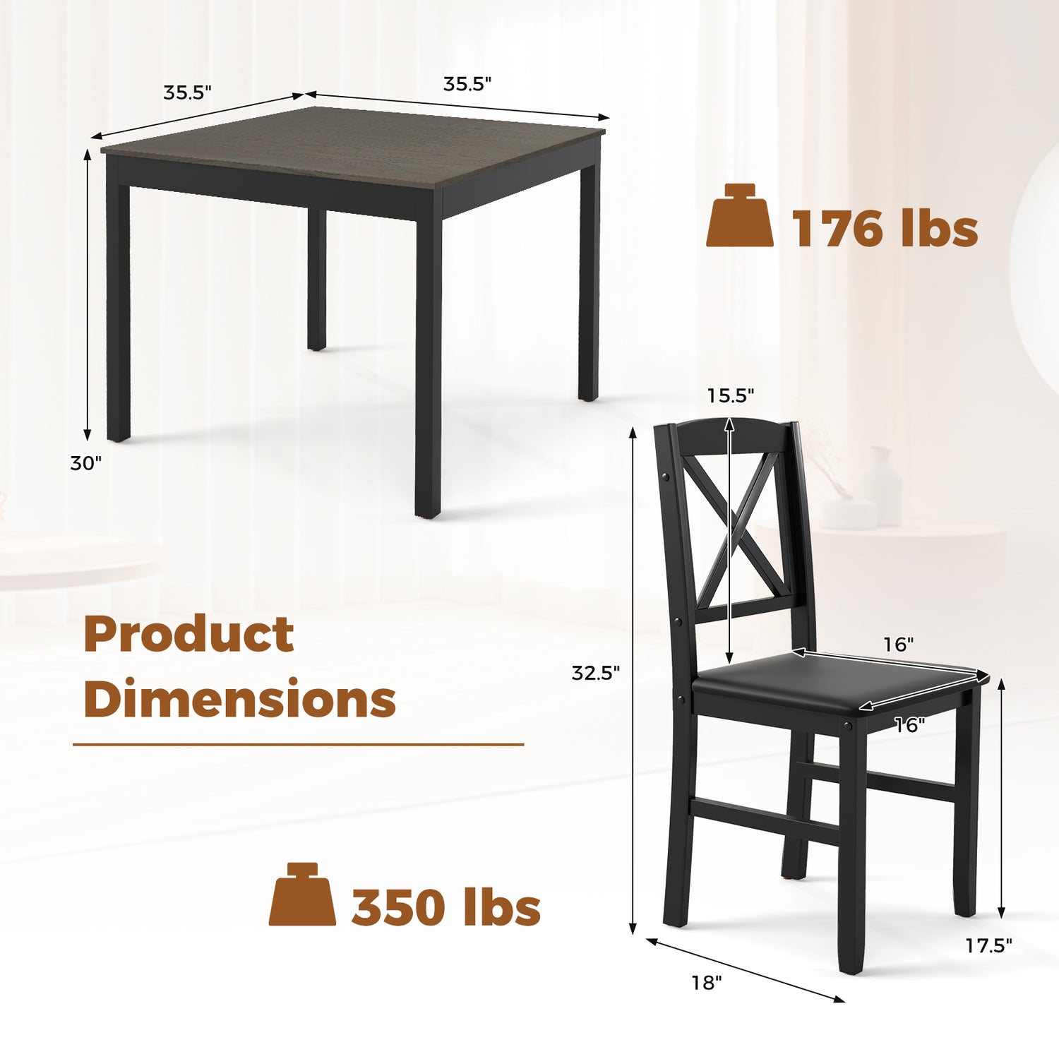 3-Piece Dining Table Set Wooden Square Kitchen Table for 2 People