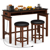 3-Piece Home Bar Set with 2 Upholstered Bar Stools  Outlets and USB Ports-Black