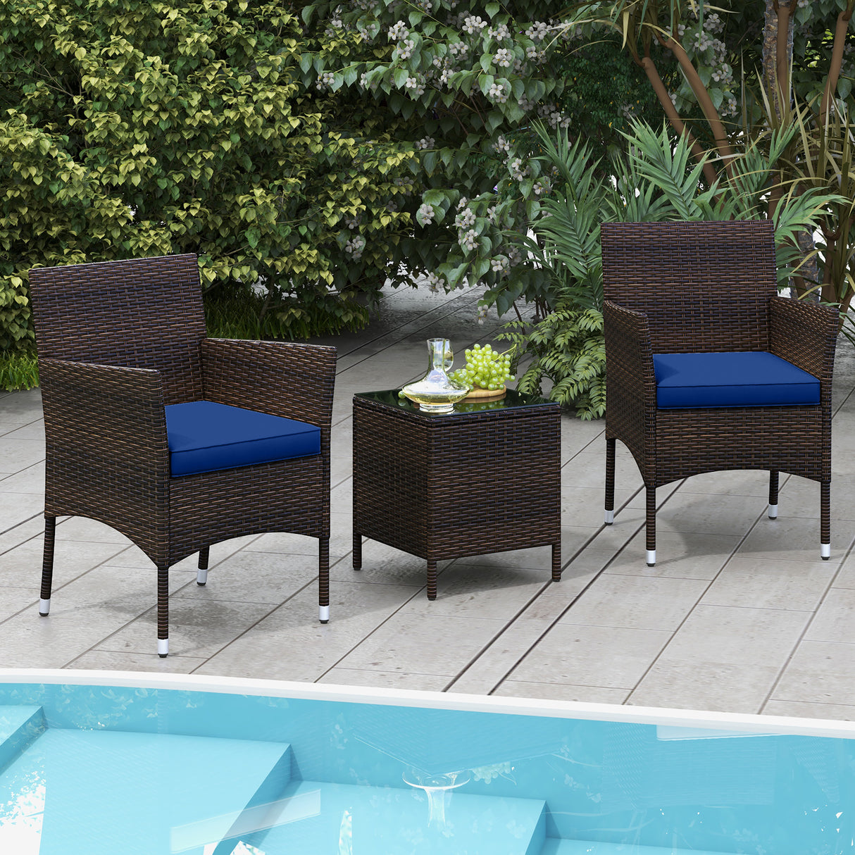 3 Pieces Outdoor Conversation Set with Cushioned Seat and Glass Tabletop