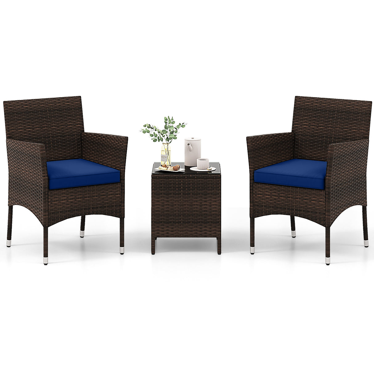3 Pieces Outdoor Conversation Set with Cushioned Seat and Glass Tabletop
