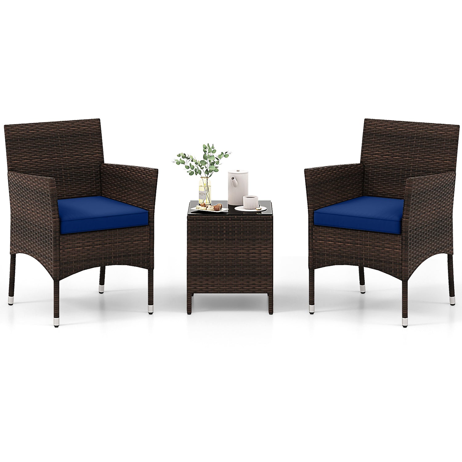 3 Pieces Outdoor Conversation Set with Cushioned Seat and Glass Tabletop