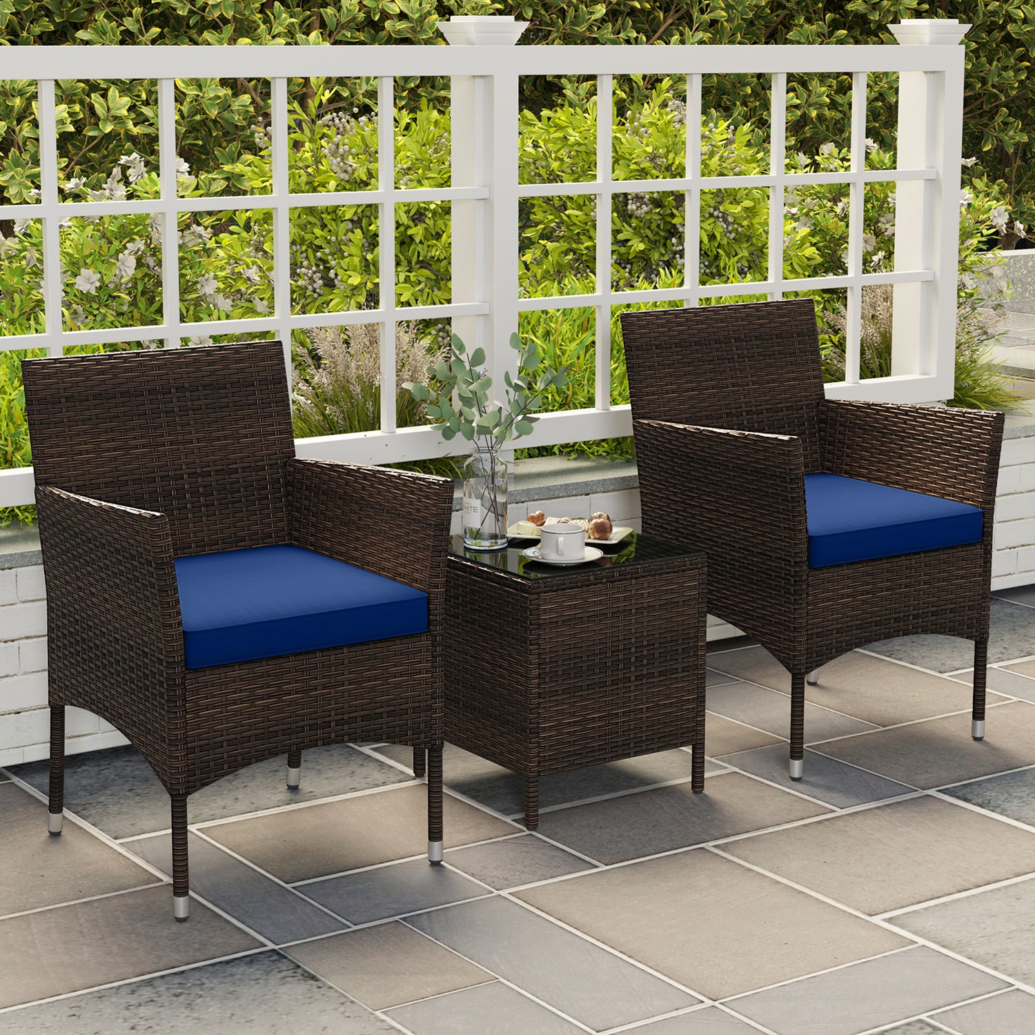 3 Pieces Outdoor Conversation Set with Cushioned Seat and Glass Tabletop