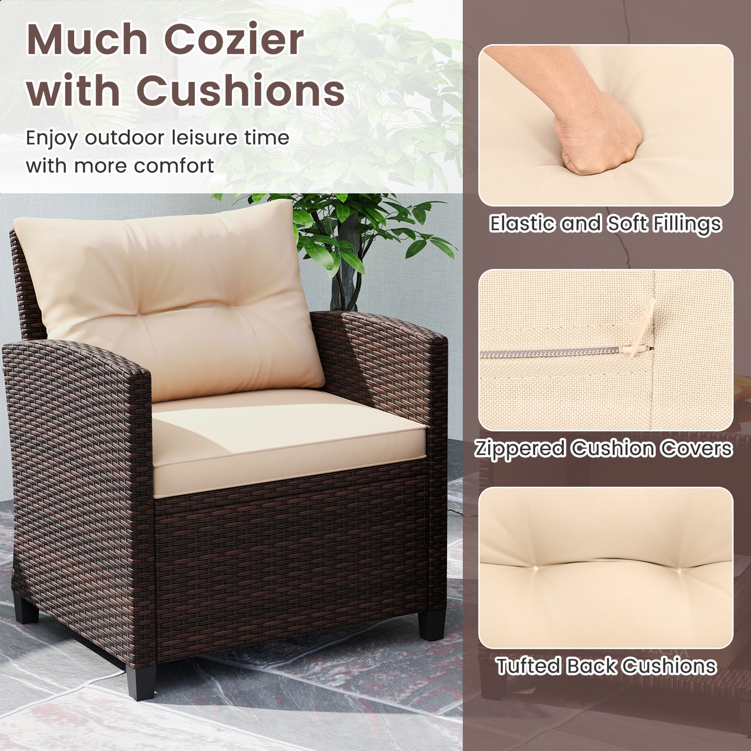 3 Piece Patio Sofa Set Wicker Chairs and Coffee Table with Storage-Beige