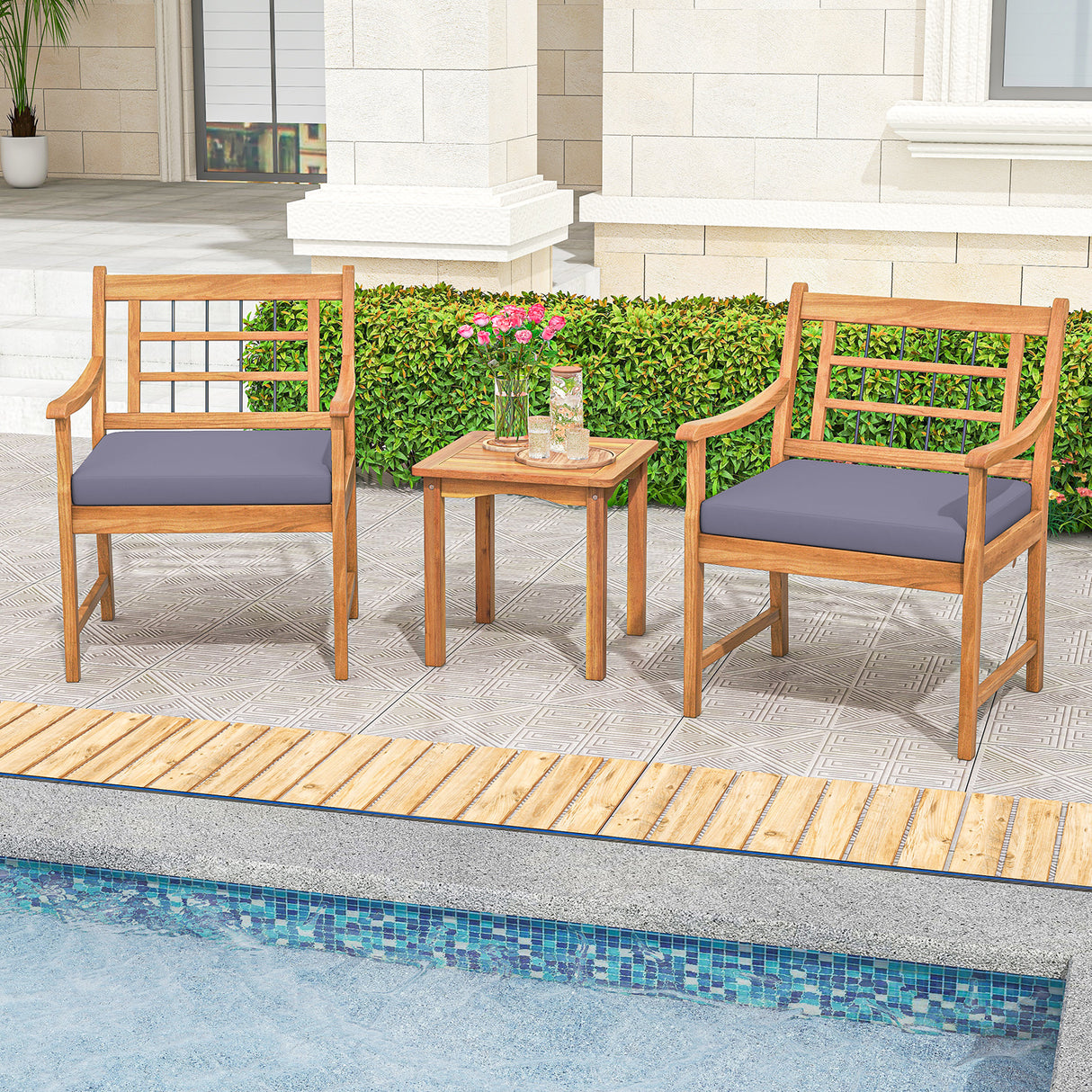 3 Piece Wood Patio Furniture Set with Seat Cushions and Acacia Wood Frame