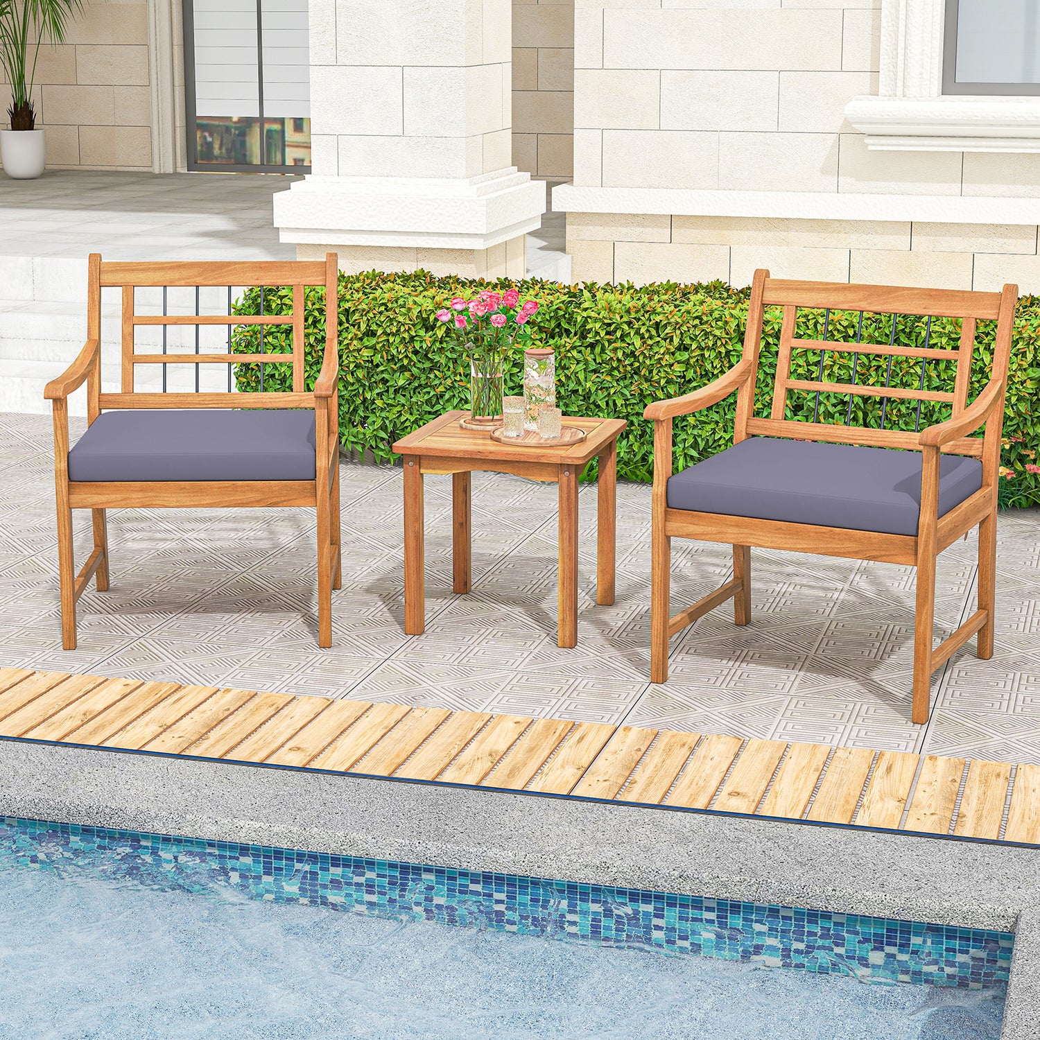3 Piece Wood Patio Furniture Set with Seat Cushions and Acacia Wood Frame