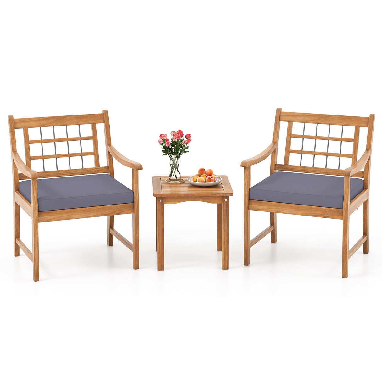 3 Piece Wood Patio Furniture Set with Seat Cushions and Acacia Wood Frame