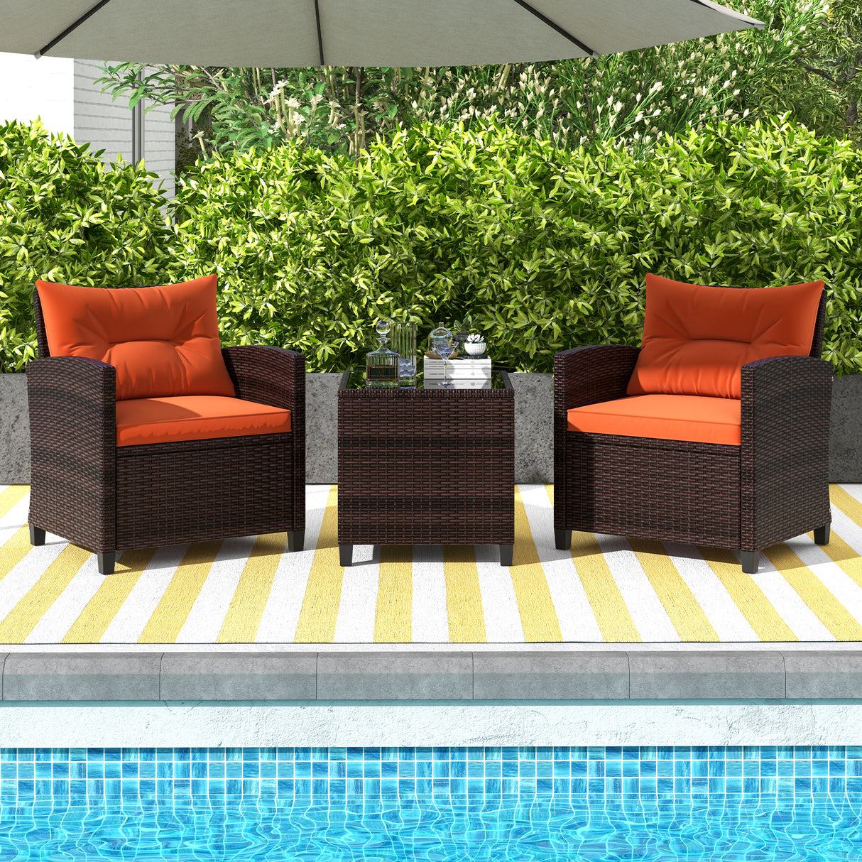 3 Pcs Patio Rattan Furniture Set Cushioned Conversation Set Coffee Table