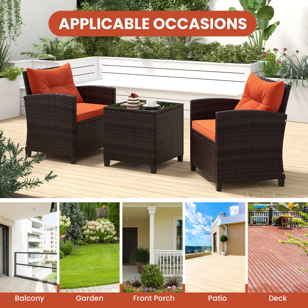 3 Pcs Patio Rattan Furniture Set Cushioned Conversation Set Coffee Table