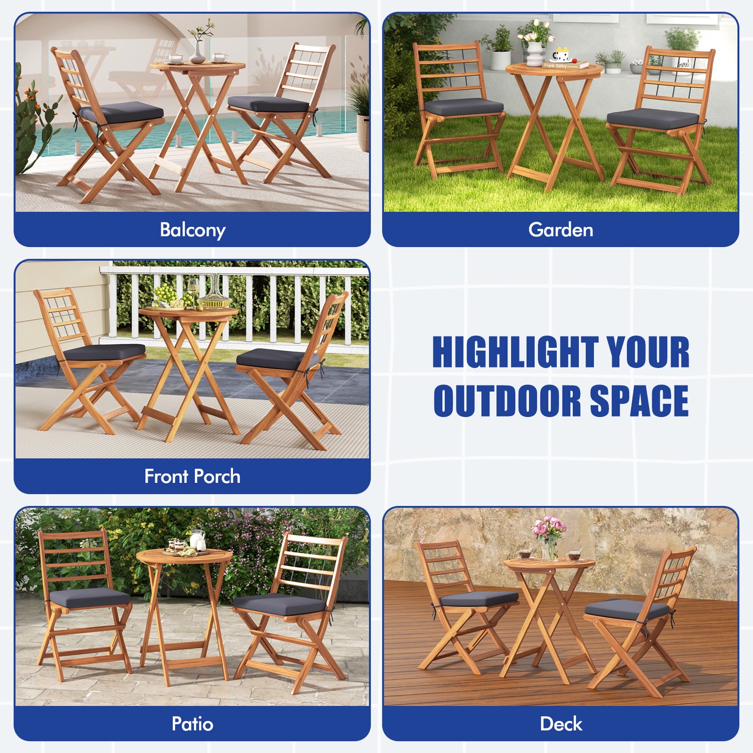 3 Pieces Acacia Wood Patio Bistro Set with Cushions