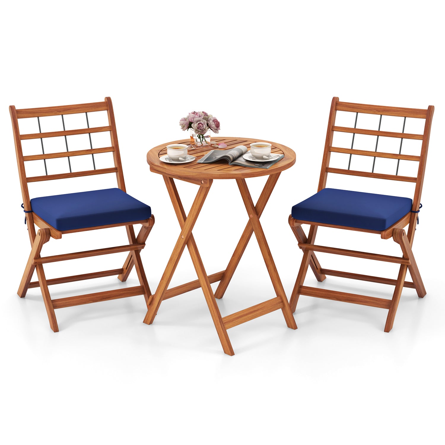 3 Pieces Acacia Wood Patio Bistro Set with Cushions