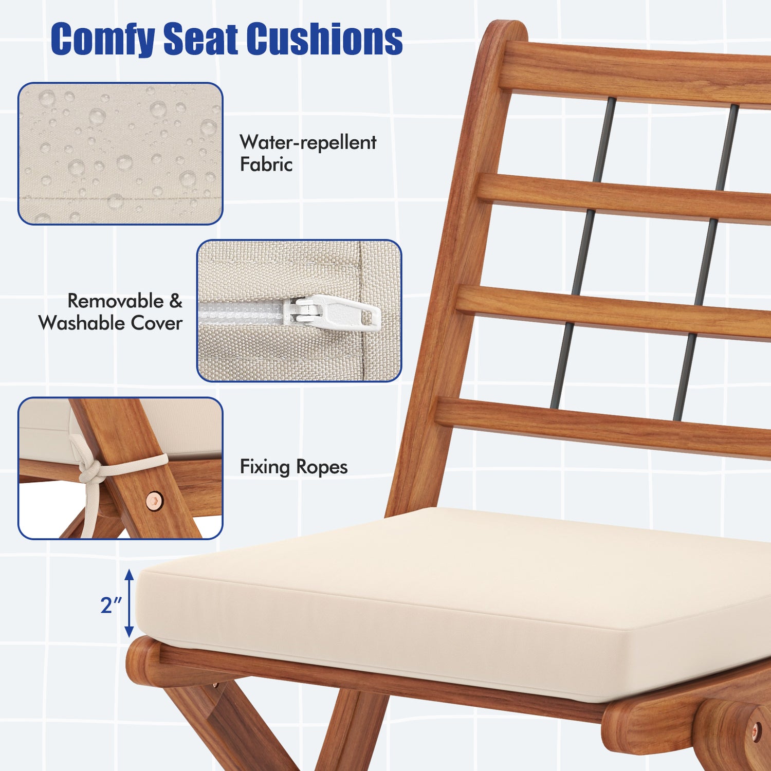 3 Pieces Acacia Wood Patio Bistro Set with Cushions