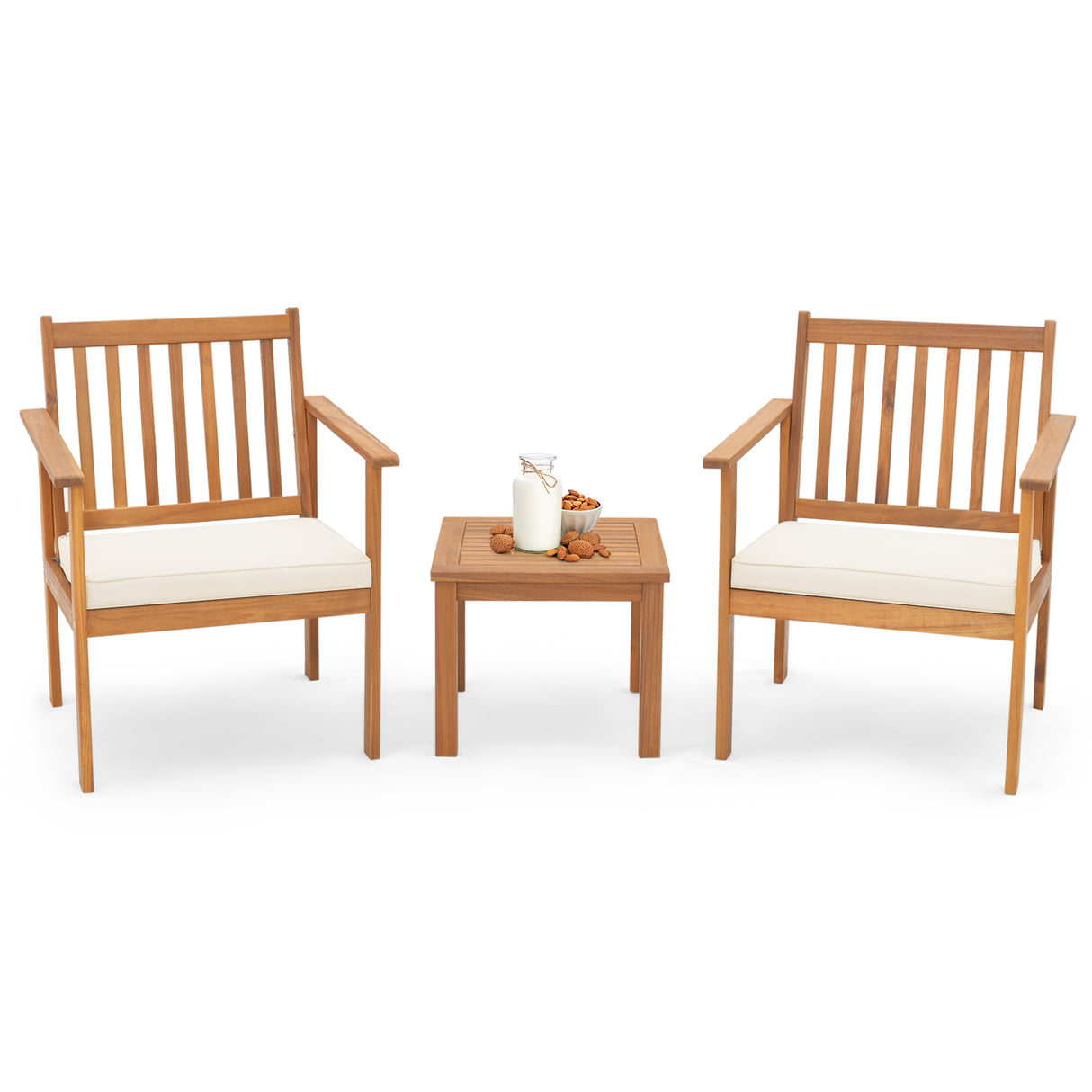 3 Pieces Patio Wood Furniture Set with soft Cushions for Porch